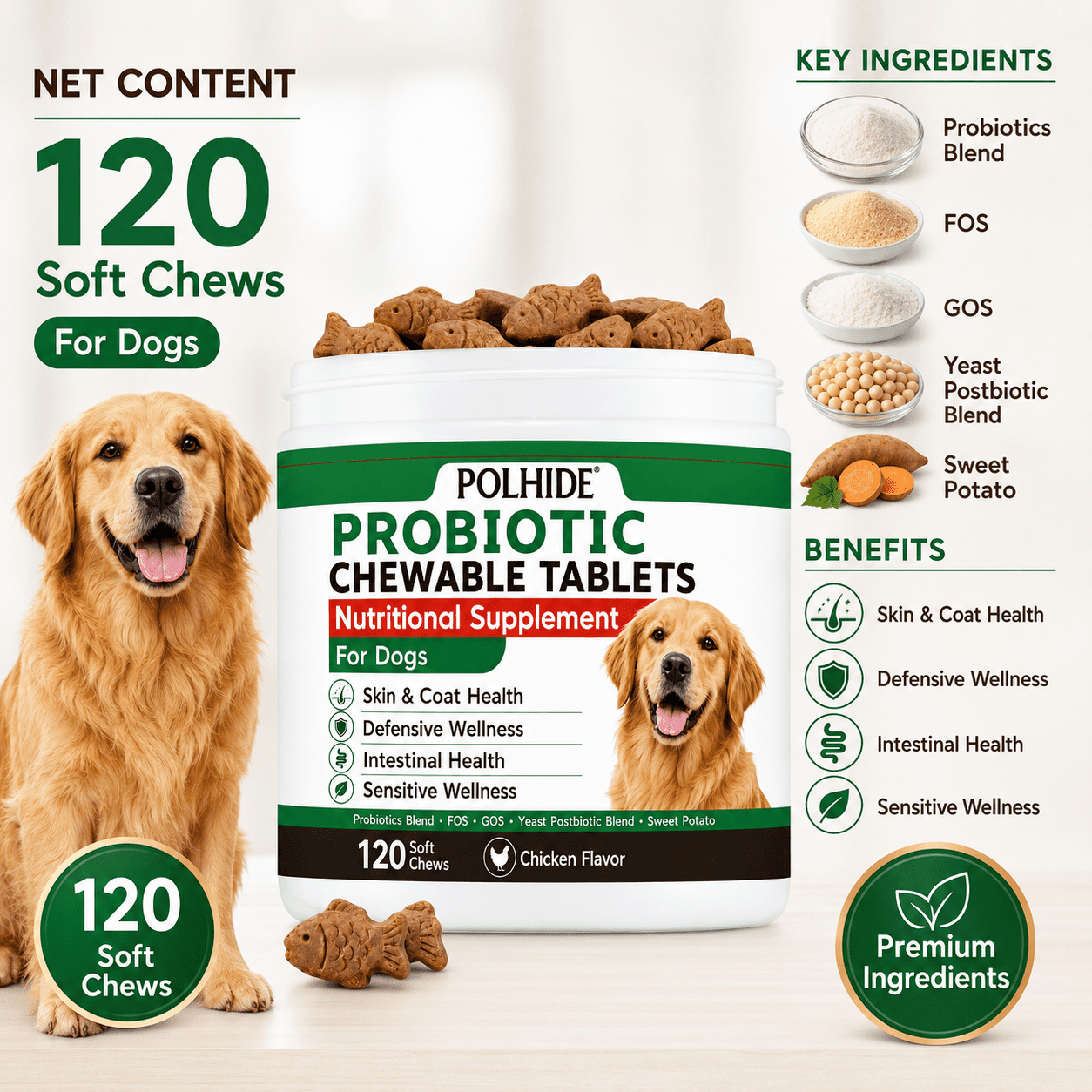 POLHIDE Allergy Probiotic Chews for Dogs, Yeast & Itch Relief, Skin Coat & Gut Health, 3 Billion CFU, Pork Flavor, 120 Count