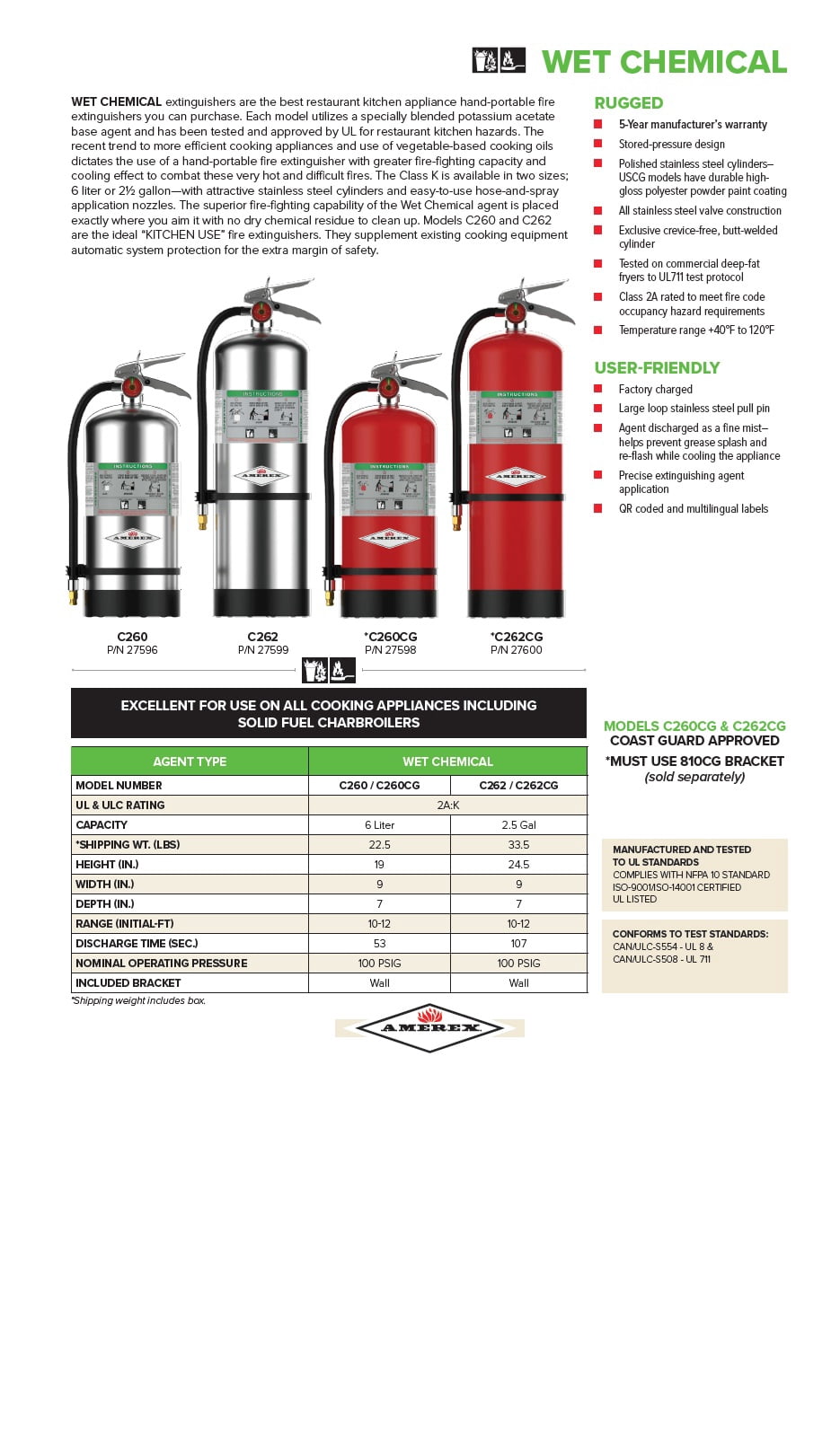 Amerex C262 2.5 lbs Class K Fire Extinguisher for Kitchen Use with Wall Bracket