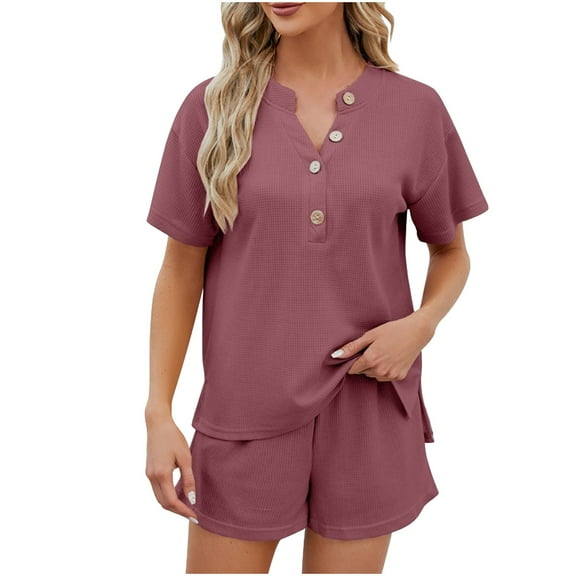 Wyongtao Women's Pajamas Short Sleeve V Neck Sleepwear Soft Button Down Loungewear 2 Piece Pjs Shorts Set,Wine XL