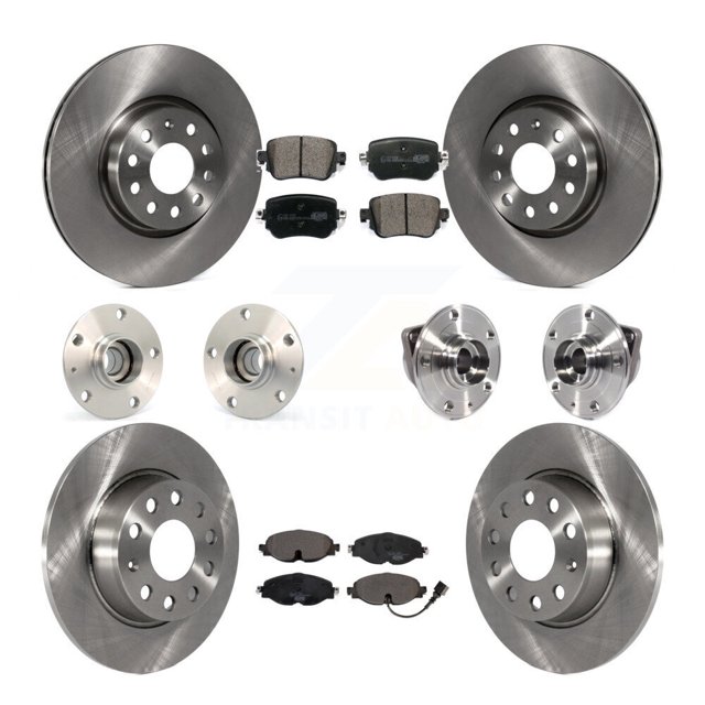 Transit Auto Front Rear Hub Bearings Assembly Disc Brake Rotors and Ceramic Pads Kit (10Pc) for Car Volkswagen GTI - Left Right Side (Driver Passenger) KBB-113432