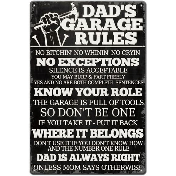 Dad's Garage Rules Metal Signs Garage Quotes Tin Sign Black Metal Wall Plaques Funny Signs Vintage Decor Retro Wall Art for Bedroom living Room Man Cave Walls Decor Father's Gift
