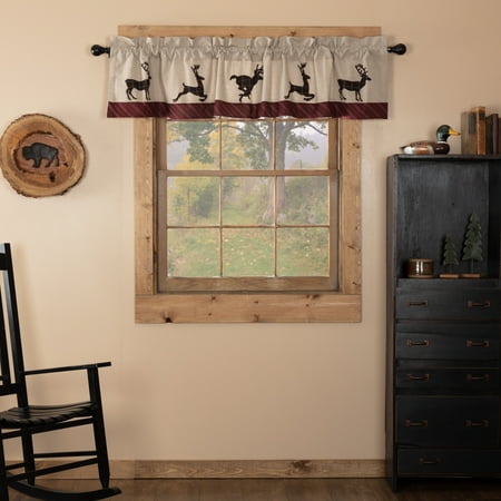 Rustic Lodge Deer - Khaki Tan Rustic & Lodge Kitchen Curtains Wyatt Deer Rod Pocket Cotton Appliqued Chambray Nature Print 16x72 Valance