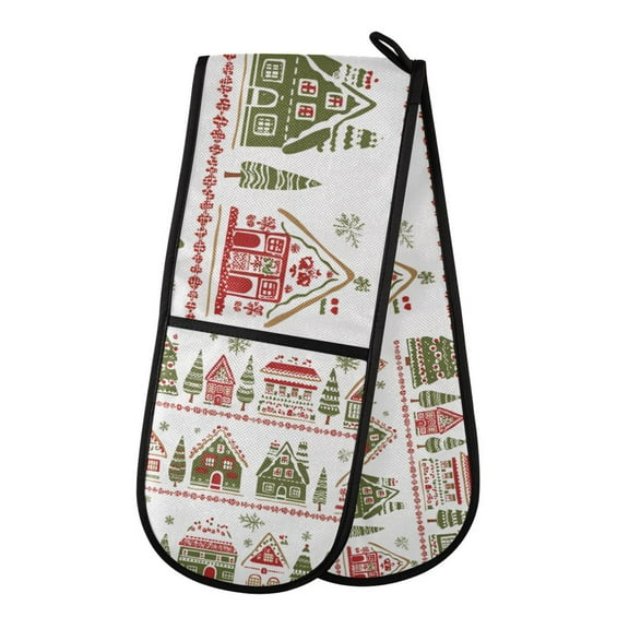 Yayeee Double Oven Mitt Kitchen Heat Resistant Baking 35" x7" Quilted Glove, Red Christmas House