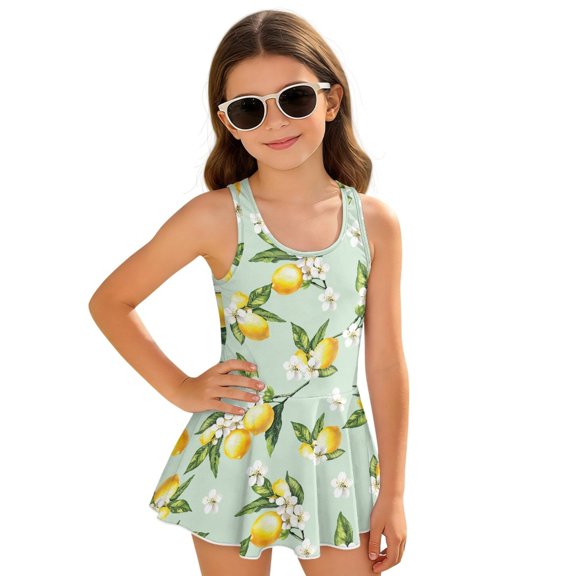 DISNIMO Girls One Piece Swimsuit Lemon Flower Printed Kids Sleeveless Swimwear Skirted Quick Dry Bathing Suit Soft Stretch Swim Dress Size 7-8