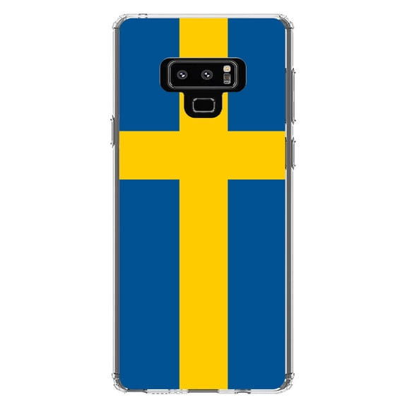 DistinctInk Clear Shockproof Hybrid Case for Samsung Galaxy Note 9 - TPU Bumper, Acrylic Back, Tempered Glass Screen Protector - Sweden Flag