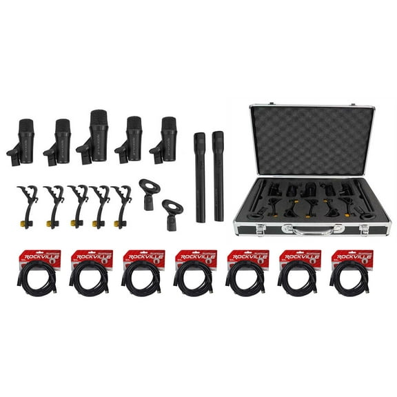 Rockville PRO-D7 KIT 7 Drum Mics w/Kick Snare Pencil Microphones XLR Cables
