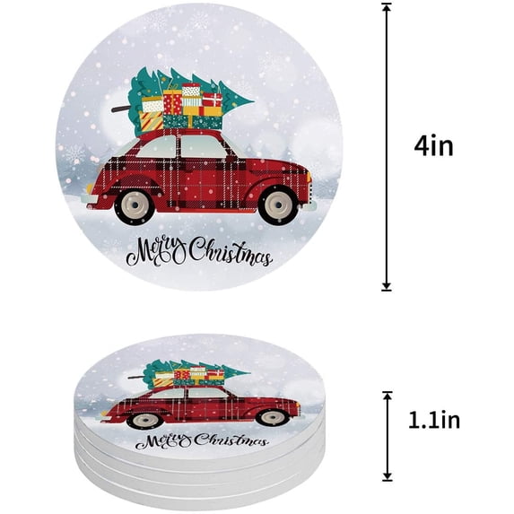 ZHANZZK Red Car With Christmas Gifts Farmhouse Style Set of 4 Round Coaster for Drinks, Absorbent Ceramic Stone Coasters Cup Mat with Cork Base for Home Kitchen Room Coffee Table Bar Decor