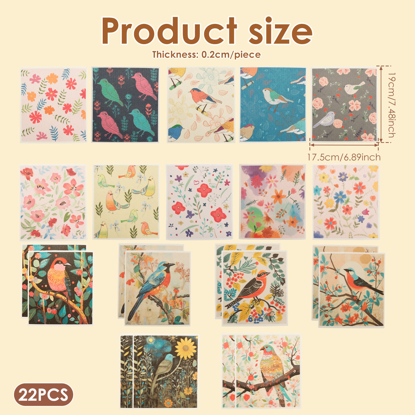 Hvxrjkn 22Pcs Swedish Dishcloths Reusable Kitchen Absorbent Dish Towel Flower Bird Pattern Kitchen Cleaning Cloth for Bathroom Countertop