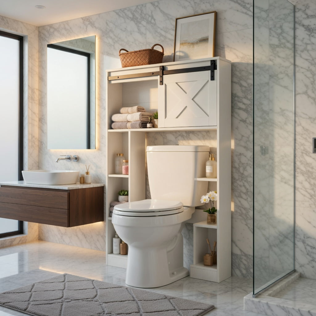 Hommoo 4-Tier Over-the-Toilet Storage Cabinet with Sliding Barn Door, Engineered Wood Bathroom Organizer Shelf, White