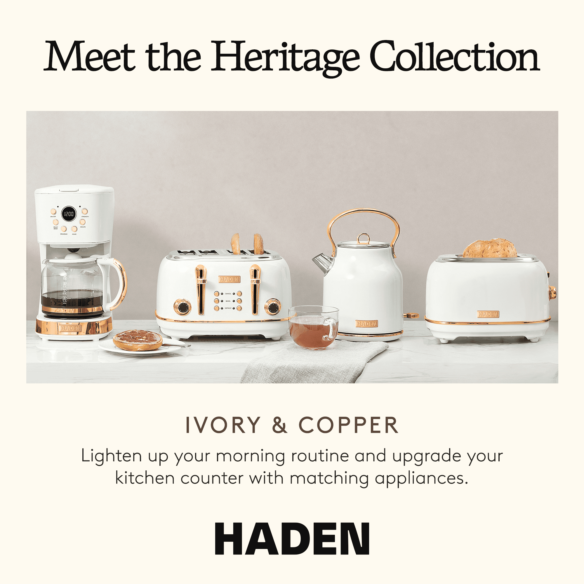 Haden Heritage 1.7 Liter Stainless Steel Electric Kettle, Ivory / Copper - 75089