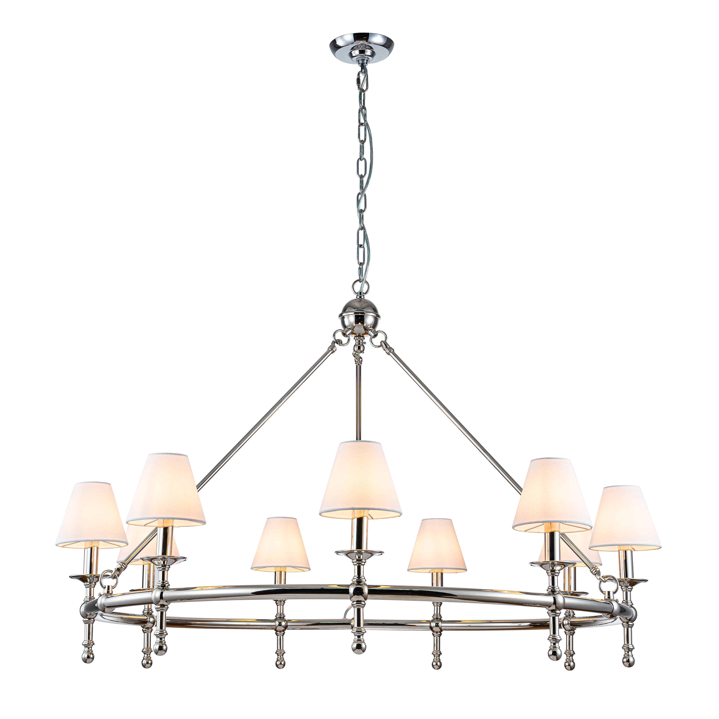 47 in. 9-Light  Modern Polished Nickel Chandelier with White Fabric Shades for Dining Rooms and Large Rooms