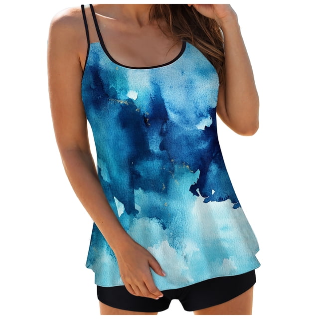 Yammkia Swim Top Women Ruffle High Waisted Tankini Swimsuit Tummy Control Bathing Suit(Blue,L)