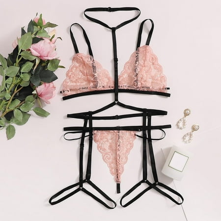 

nsendm Women Lingerie Set Floral Lace Teddy Strap Bodysuit With Garter Belts Push up Strapless Bras for Women 32a Underwear RD1 Small
