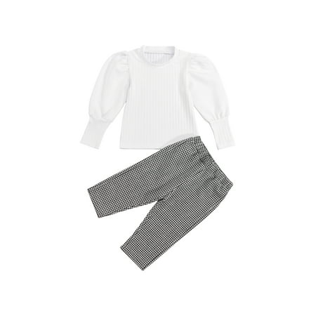 

Sunisery Fashion 2Pcs Kids Baby Girls Clothes Solid Long Puff Sleeve T Shirts Tops+Plaids Long Pants Set Black White 4-5 Years