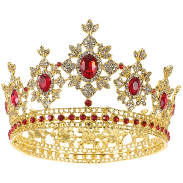 KAKOWELY 1 Pce Couronne de Célébration de Mariage Européenne Américaine Coiffe de Mariage Forme Ronde Couronne de Mariée en Alliage Incrustée de Strass pour Femmes (Rouge Doré), 5.12"X5.12"X3.27 Pouces
