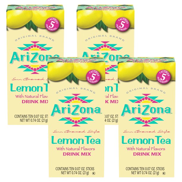 AriZona Zero Sugar Lemon Iced Tea Powdered Drink Mix Sticks, 10 CT Box (Pack4)