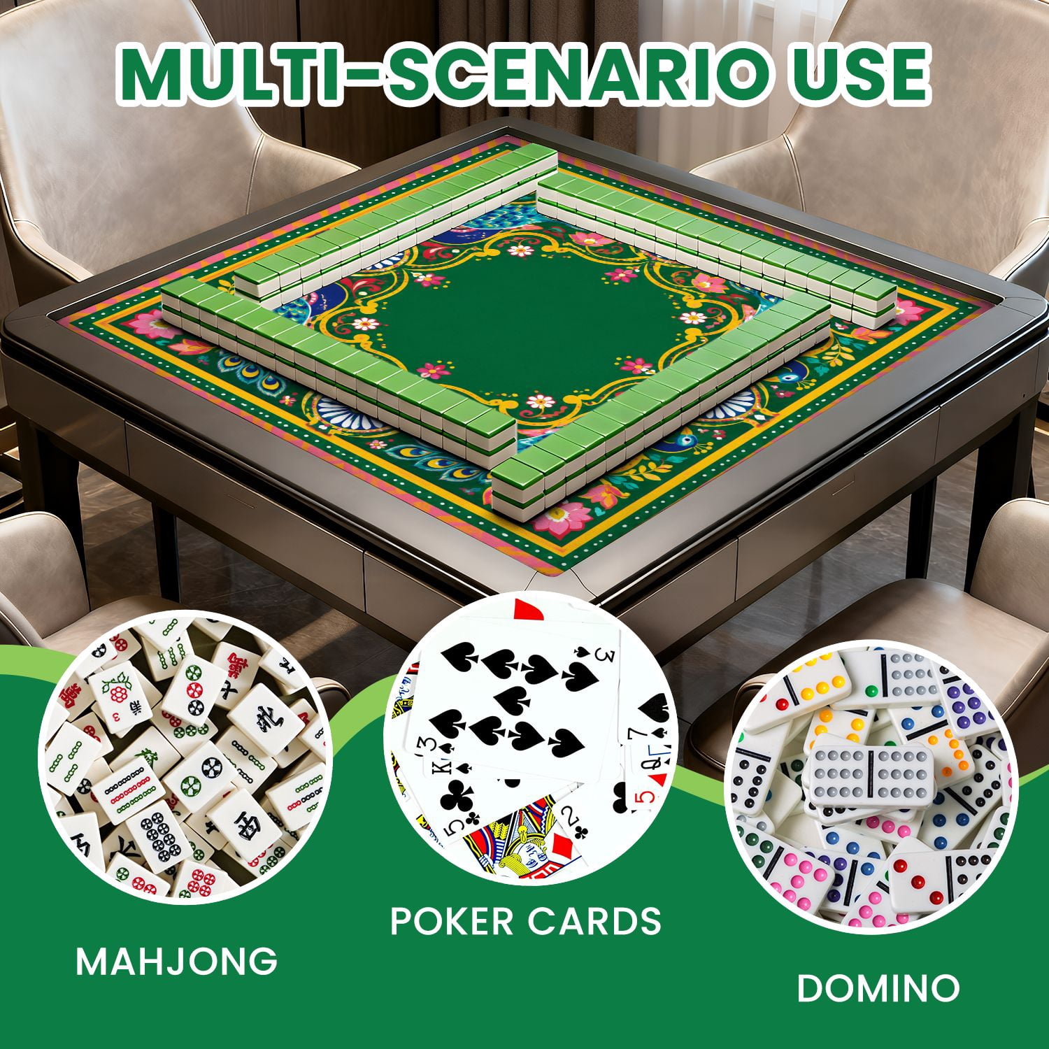 Mahjong Mat 31.5" x 31.5" Abstract Floral Peacock Motifs Vibrant Colors Non-Slip Noise Reduction Mahjong Tiles Table Cover for Dominoes Poker Card Board and Tile Games
