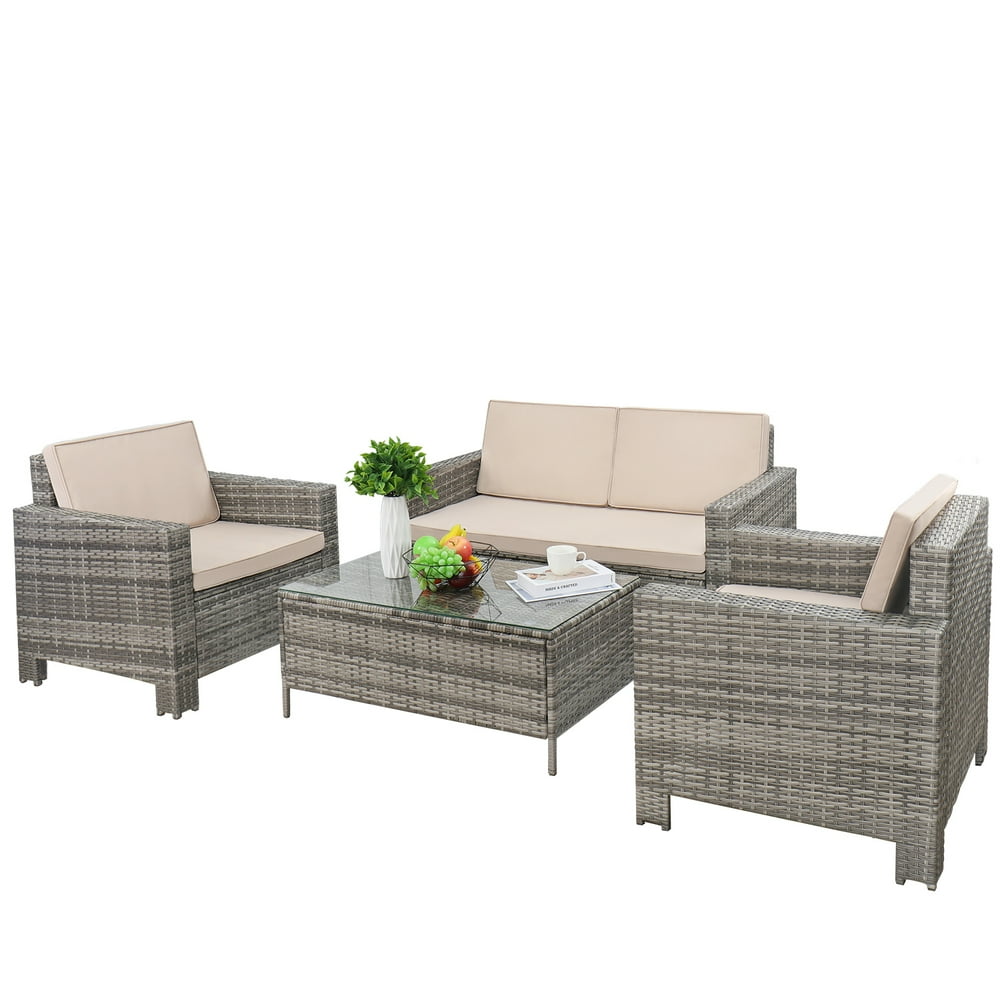 Walnew 4-Piece Wicker Outdoor Patio Indoor Conversation Set with Cushions, Gray/Beige - Walmart 