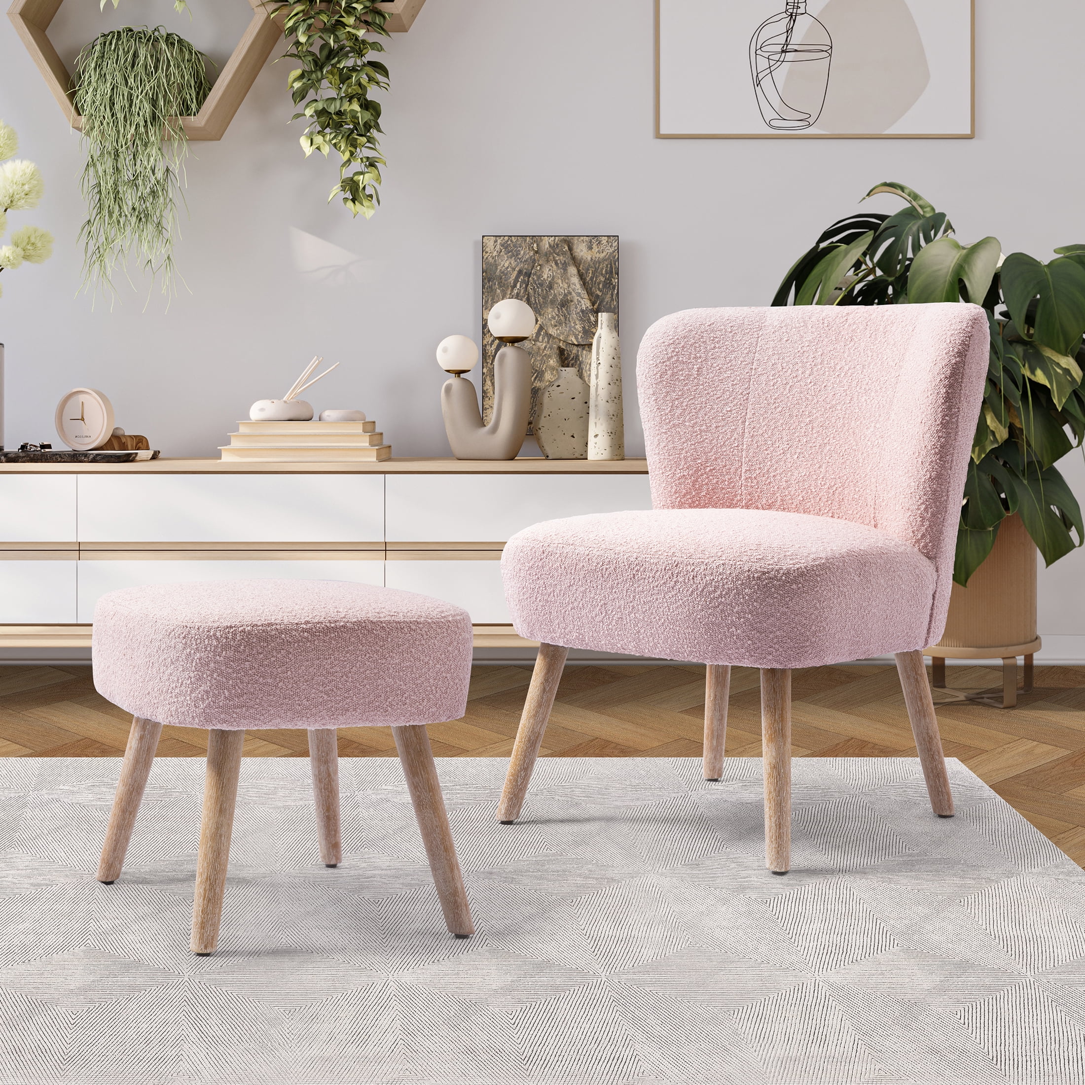 Modern 2PC Set Wide Wingback Accent Chair in Water and Stain Resistant Boucle Upholstered Fabric and Ottoman, Dusty Peach