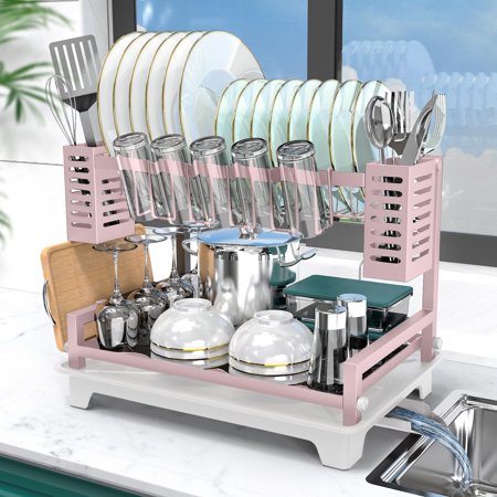 LVL Dish Drying Rack, 2 Tier Dish Racks for Kitchen Counter, Large Dish Drying Rack with Drainboard & Utensil Holders, Rust-Proof Dish Drainers,Kitchen Organization