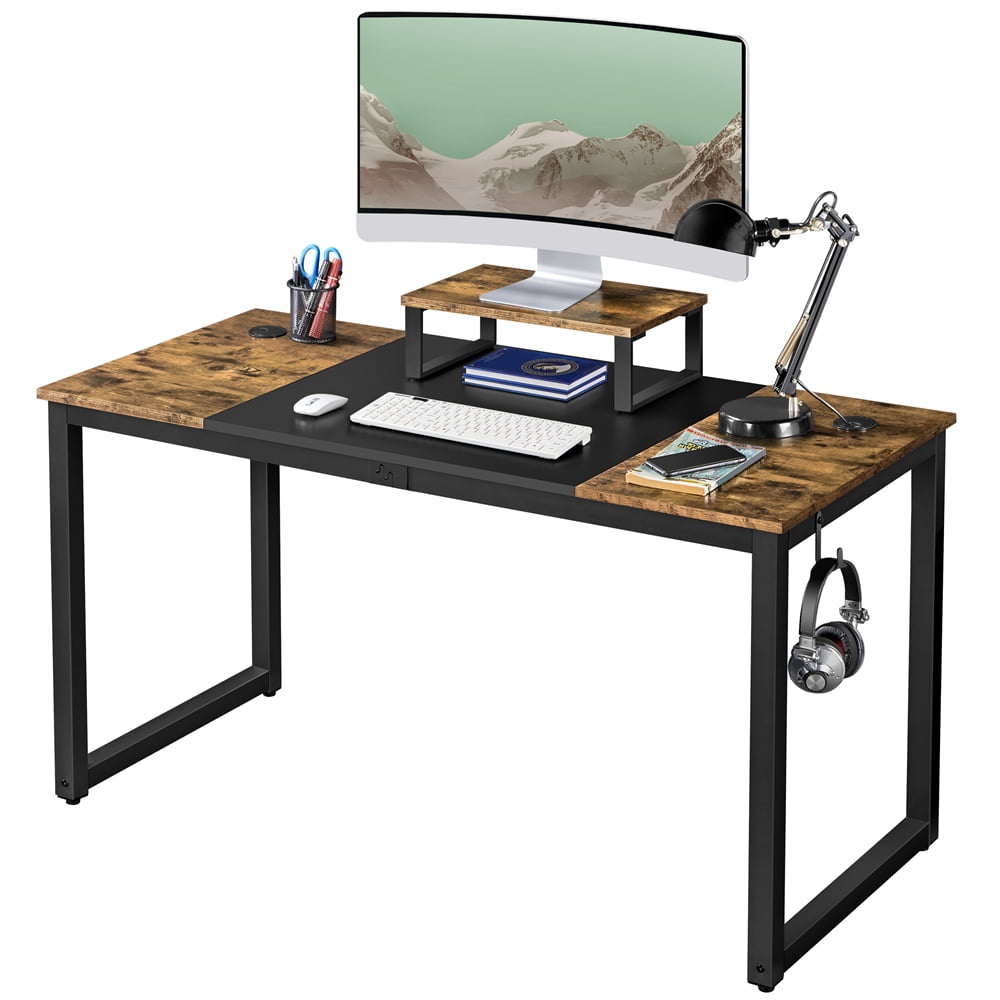 Easyfashion Industrial Computer Desk with Monitor Stand, Rustic Brown/Black - 1