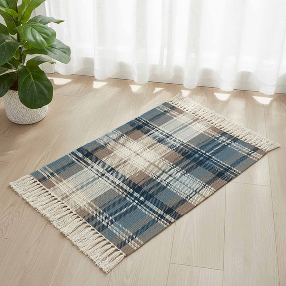 Area Rug with Tassels 2' x 3', Vintage Geometric Plaid Kitchen Runner Rug for Hallway Bedroom Throw Rugs, Blue Brown Color Block Soft Door Mat for Bathroom Entrance Living Room