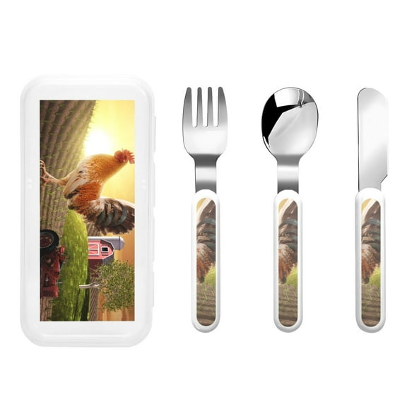 Easygdp Country Farm Morning Rooster 3-Piece Flatware Set Kids Silverware, Stainless Steel Toddler Kids Utensils Safe for Preschooler Children