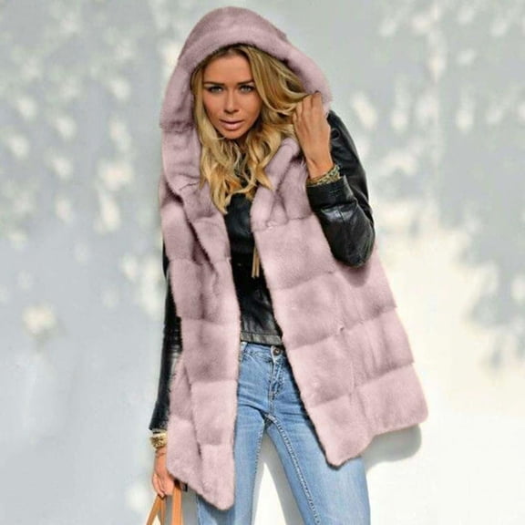 Guzom Womens Faux Fur Coats- Hooded Fleece Sleeveless Casual Winter Jackets Pink