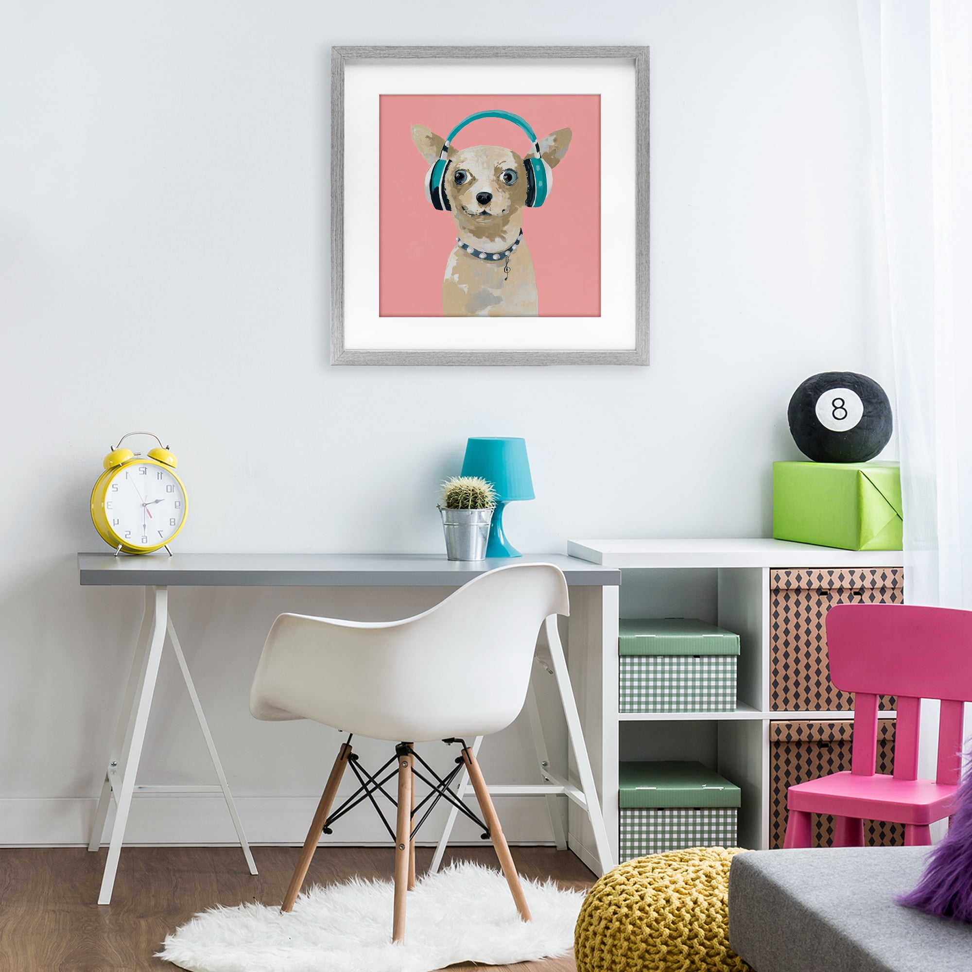 Stupell Industries Jammin' Pup on Pink Gray Framed Print Under Glass, design by Lorenzo Collective