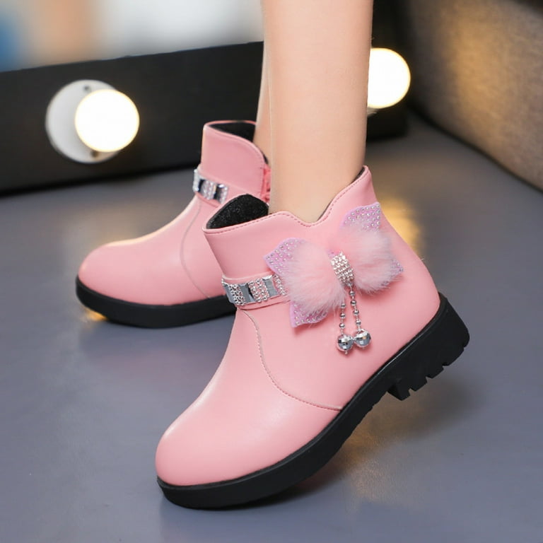 kpoplk Kids Snow Boots for Girls Children Shoes Thick Heel Short Boots Warm Leather Boots Baby Bow Cute Cotton Shoes Warm Boots Pink 11 Little