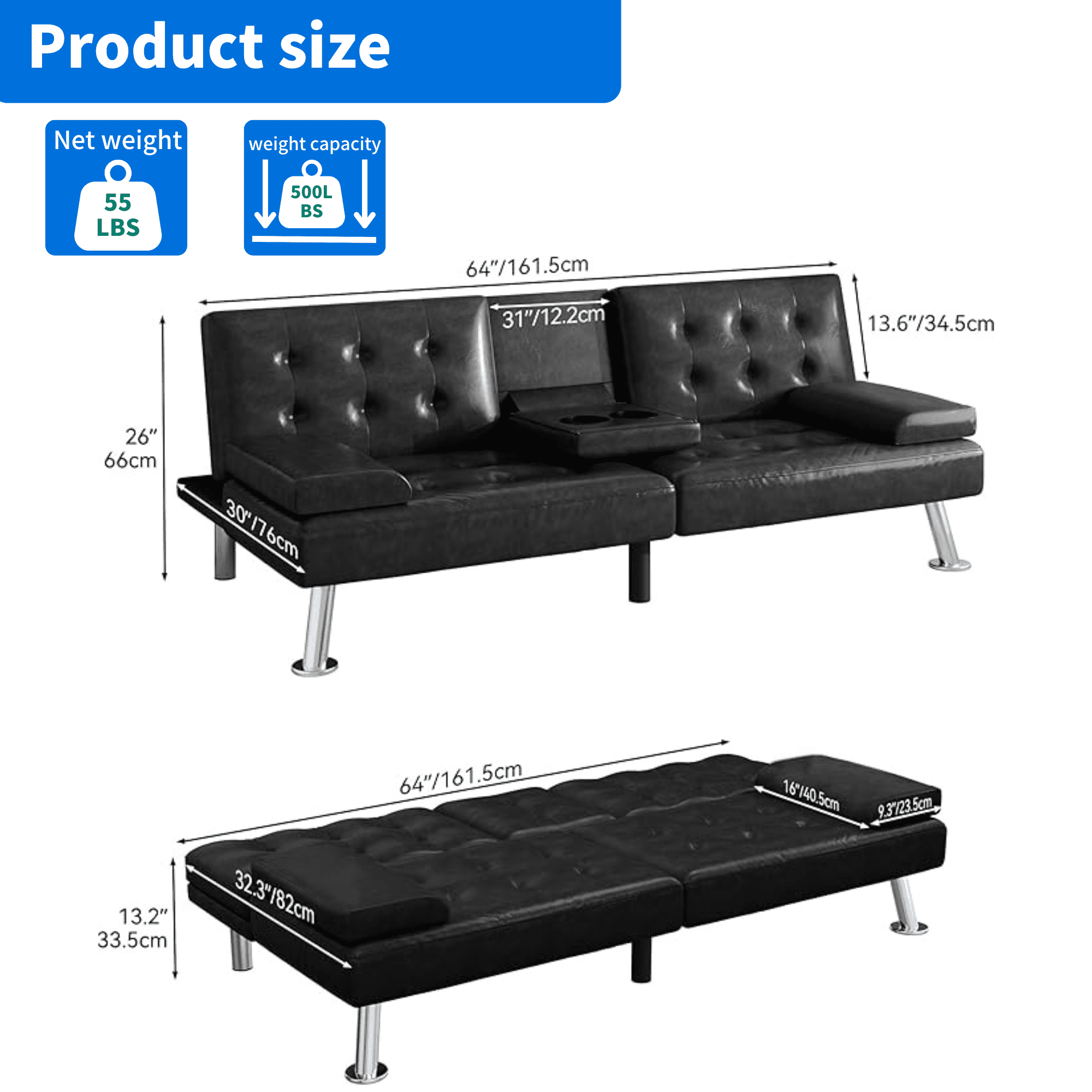 Uforic Modern Black Faux Leather Foldable Couch Set, Adjustable Loveseat w/ Detachable Armrests & Dual Cup Holders