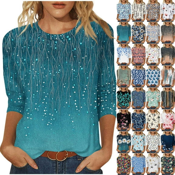NSLGXD 3/4 Length Sleeve Womens Tops Casual Round Neck Cute Tops Fashion Loose Fit T-Shirts Ladies Tops and Blouses