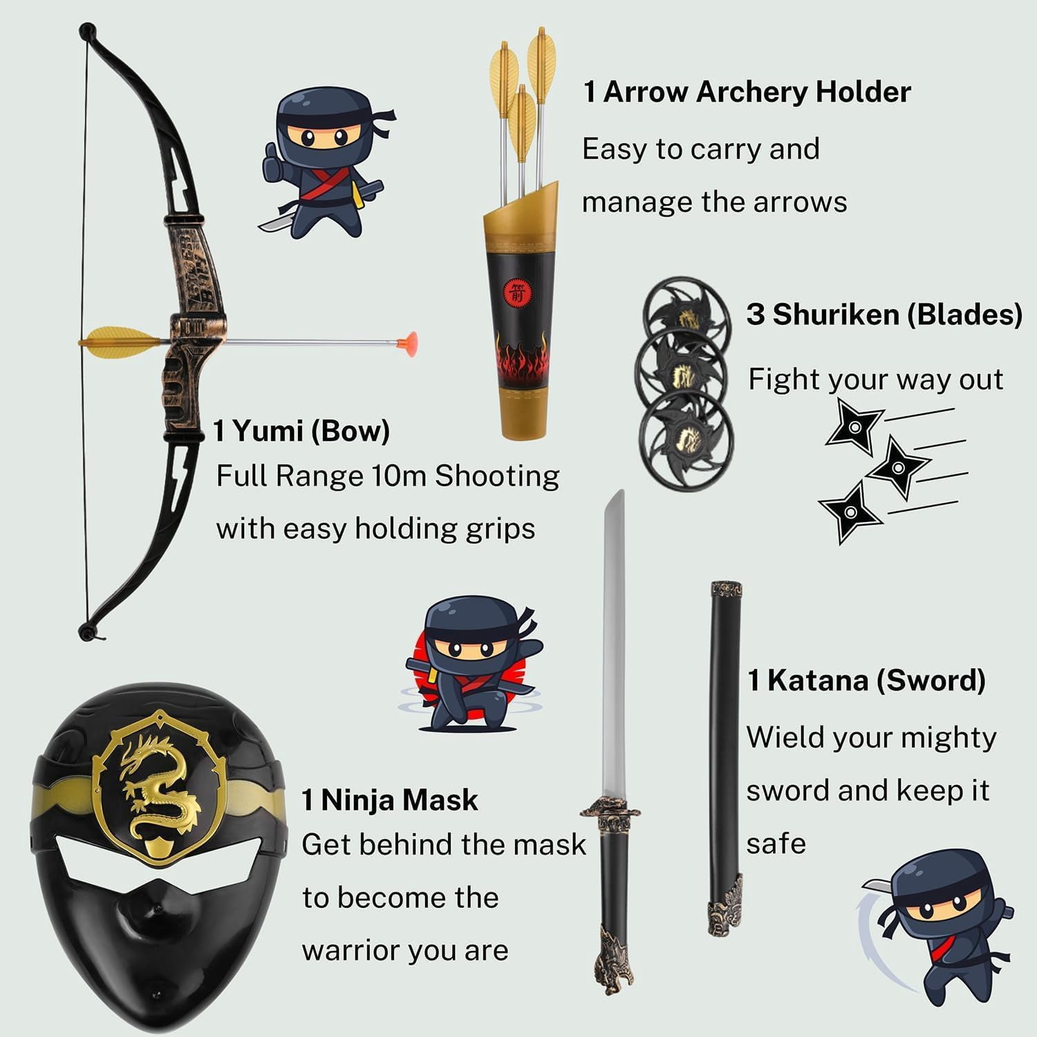 Warrior Ninja Kids Pretend Role Play Toy Costume Include Arrow