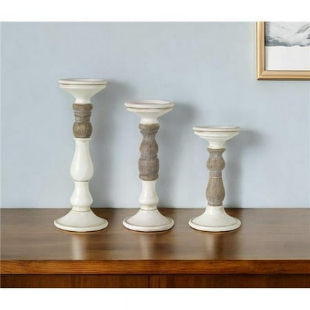 HomeRoots 517612 Ivory & Natural Resin Tabletop Pillar Candle Holders - Set of 3