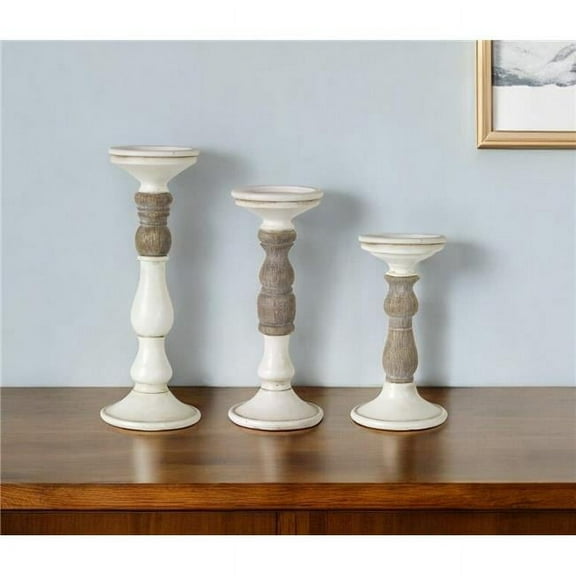 HomeRoots 517612 Ivory & Natural Resin Tabletop Pillar Candle Holders - Set of 3