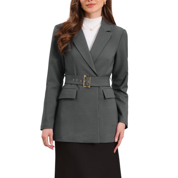 Blazer de trabajo INSPIRE CHIC para mujeres, de manga larga, con cuello, elegante y casual, chaqueta de traje con cinturón, L, gris oscuro