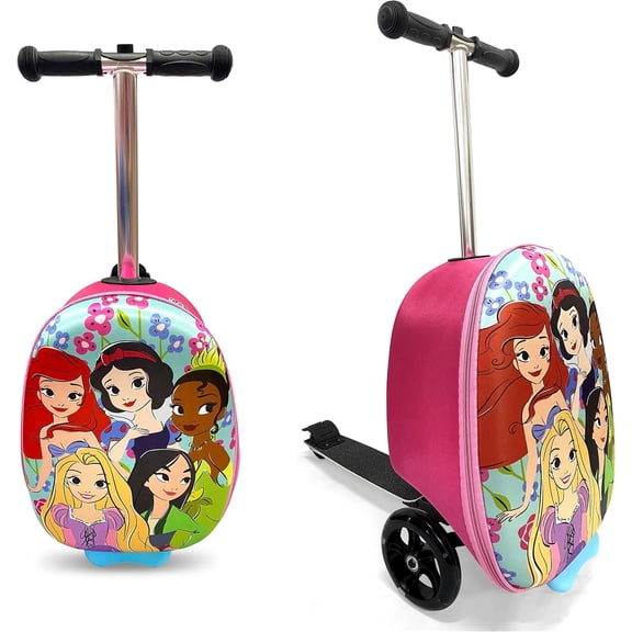 Disney Princess Kids Ride-On Scooter Carry-On Suitcase with LED Wheels, Hard Shell Waterproof Luggage, Retractable Handle, Pink, 19 Inch
