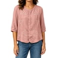 thumbnail image 6 of Cotton Linen T Shirts for Women Elbow Length Sleeve Tops Womens Button Down Crew Neck Summer Fall Tshirts, 6 of 7