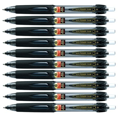 Uni Power Tank Retractable Ballpoint Pen with Fine Texture Grip, 1.0mm, Black Ink, 10 Count