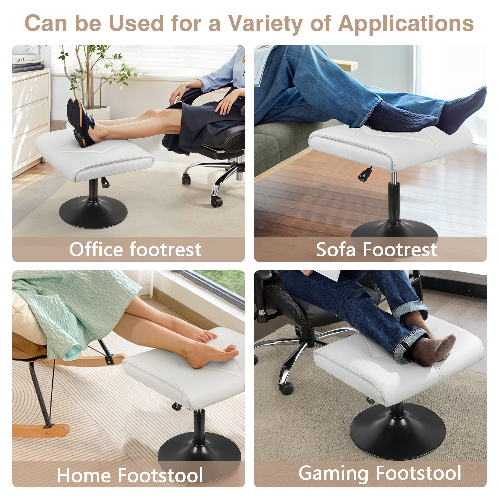 VECELO Footrest Height Adjustable Ottoman Leg and Foot Rest for Work Comfort, Computer Desk Swivel Stool with Thick Padding, Office Seat, White