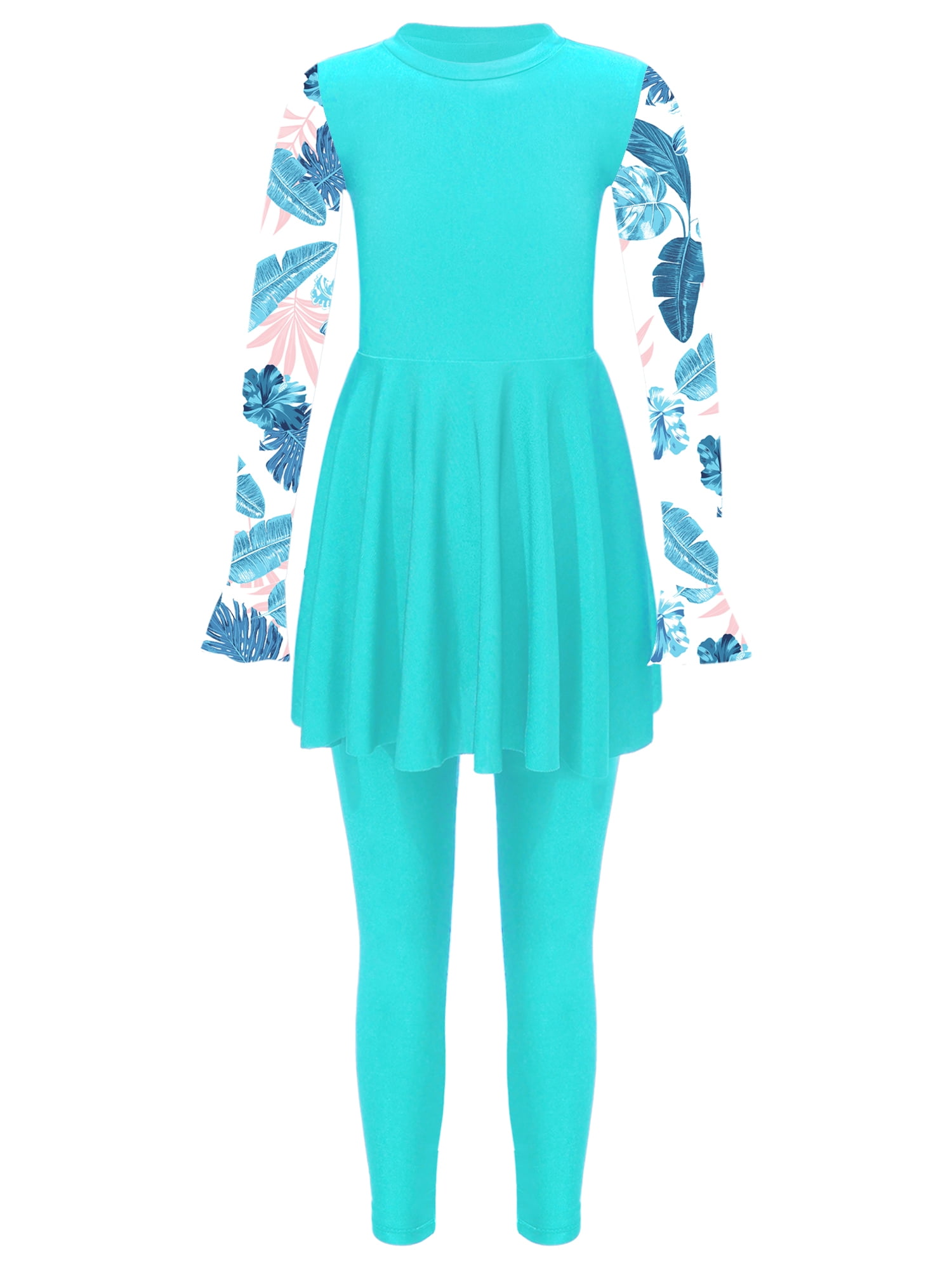 Yeahdor Girls Muslim Swimsuit Full Cover Long Sleeve Dress with Swim Trunks Islamic Full Body Swimsuit Lake Green 16