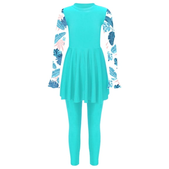 TiaoBug Modest 2 Pcs Swimsuit for Kids Girls Floral Print Long Sleeve Swim Skirts with Pants Beach Cover Up Sets Beach Swimwear Lake Green 8