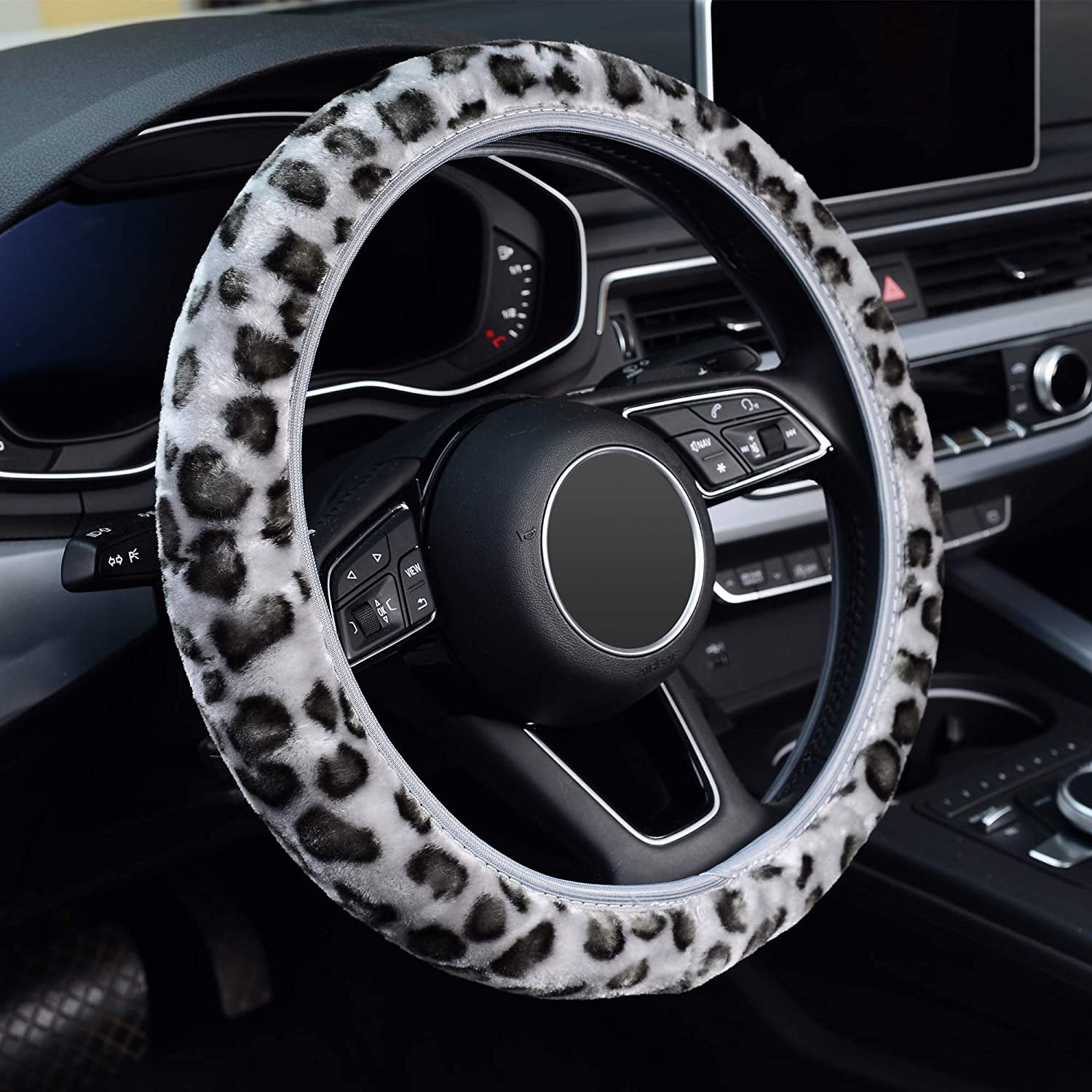 Anti-Slip Universal 15 inch Black Odorless KAFEEK Long Microfiber Plush Steering Wheel Cover for Winter Warm