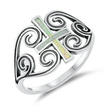 CHOOSE YOUR COLOR White Simulated Opal Large Cross Heart Swirl Ring .925 Sterling Silver Band CZ Female Size 9