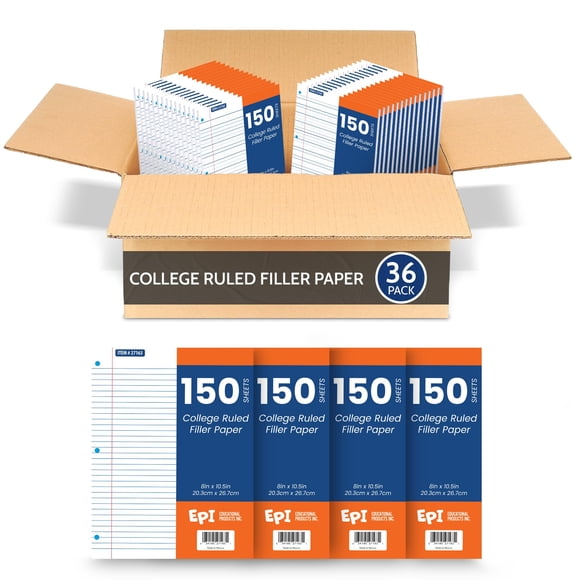 Papel rayado EPI tamaño universitario 20 x 27 cm, 150 hojas, paquete de 36