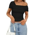 thumbnail image 2 of Silver Basic Womens Summer Sexy Off Shoulder Cotton Short sleeved T-shirt M,Black-1, 2 of 2