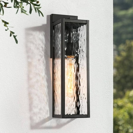 

Modern 16.5 in. Black Outdoor Hardwired Wall Lantern Sconce with Textured Glass Shade and No Bulb Included