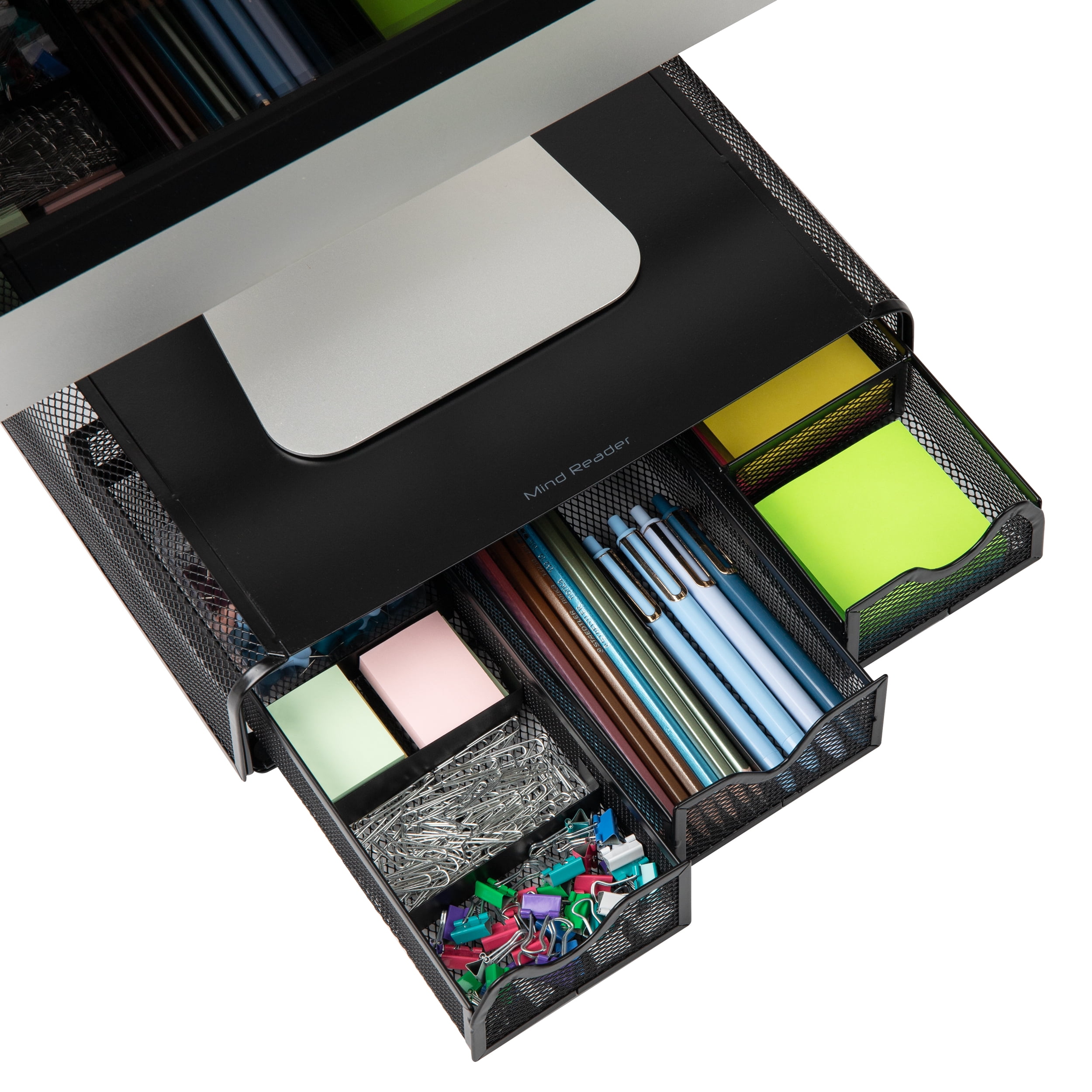 Mind Reader 3 Drawers Metal Mesh PC, Laptop, Imac Monitor Stand and Desk Organizer, Black