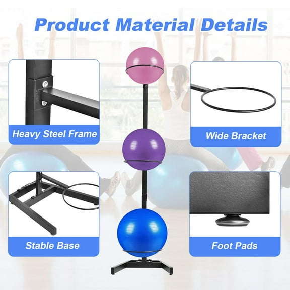 WAASOSCON Vertical Yoga Ball Storage Rack, Carbon Steel Gym Organizer with 4 Plugs & Extractor Tool