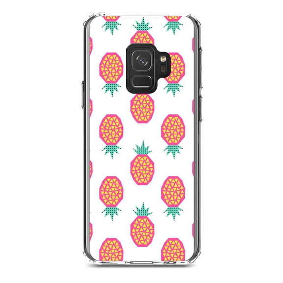 DistinctInk Clear Shockproof Hybrid Case for Samsung Galaxy S9 (5.8" Screen) - TPU Bumper, Acrylic Back, Tempered Glass Screen Protector - Summer Graphics - Pineapple Pattern - Pink
